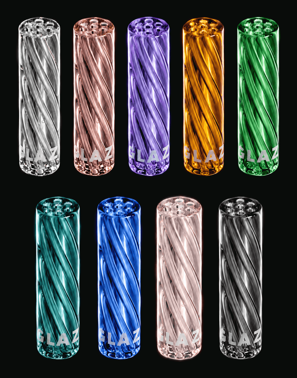 Nueve filtros de vidrio GLAZ, uno de cada color, parados en dos filas de cinco y cuatro sobre fondo oscuro, con el grabado GLAZ cerca de la base